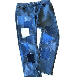 Men’s Patchwork Jeans Stretchy Upcycled Distressed Denim Patches Size 34-30